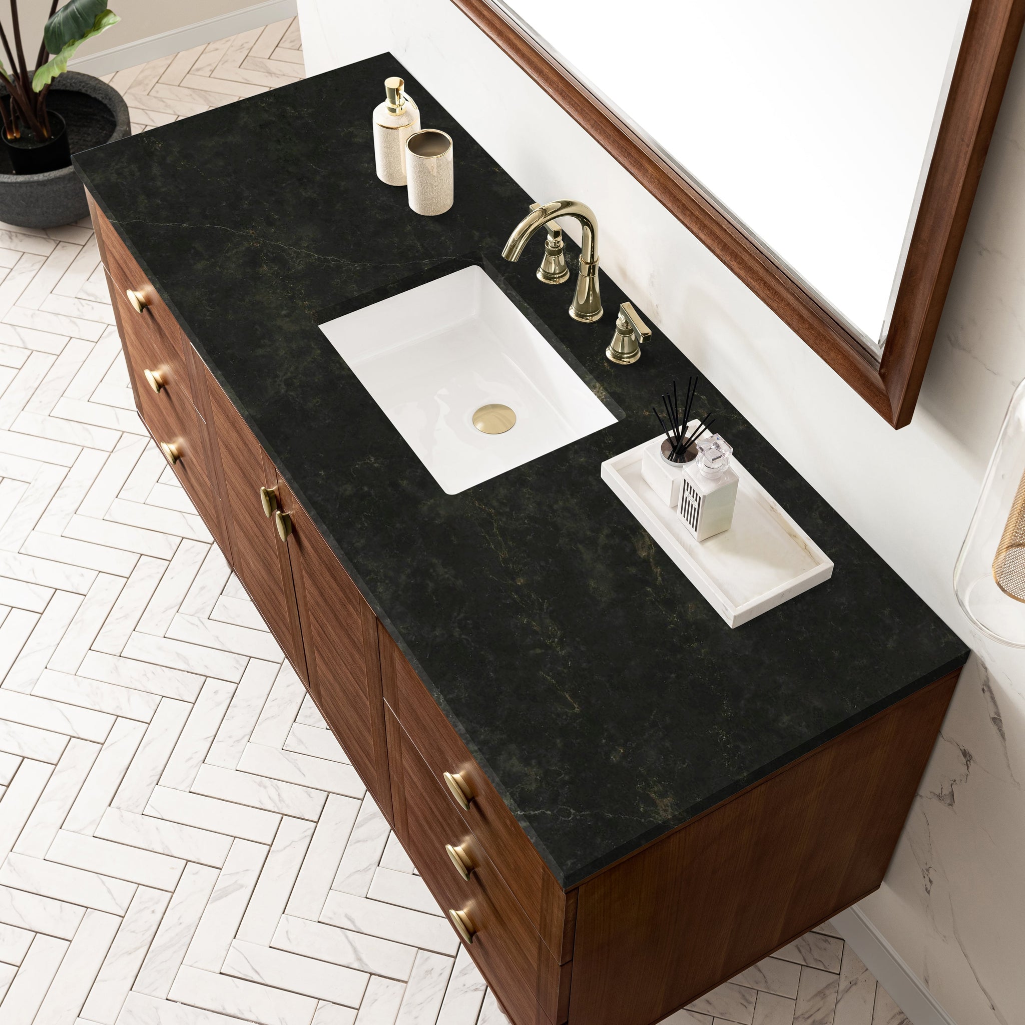 James Martin Amberly 60" Dual Mount Single Bathroom Vanity, Mid-Century Walnut with Phantome countertop