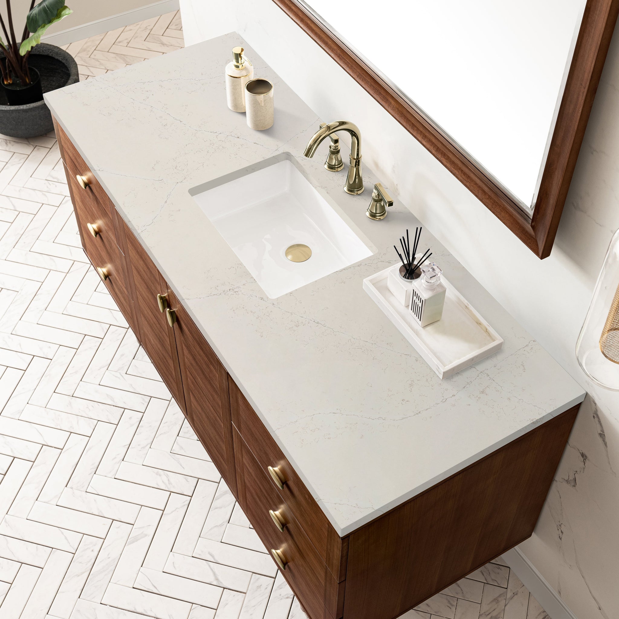 James Martin Amberly 60" Dual Mount Single Bathroom Vanity, Mid-Century Walnut with Siberian countertop