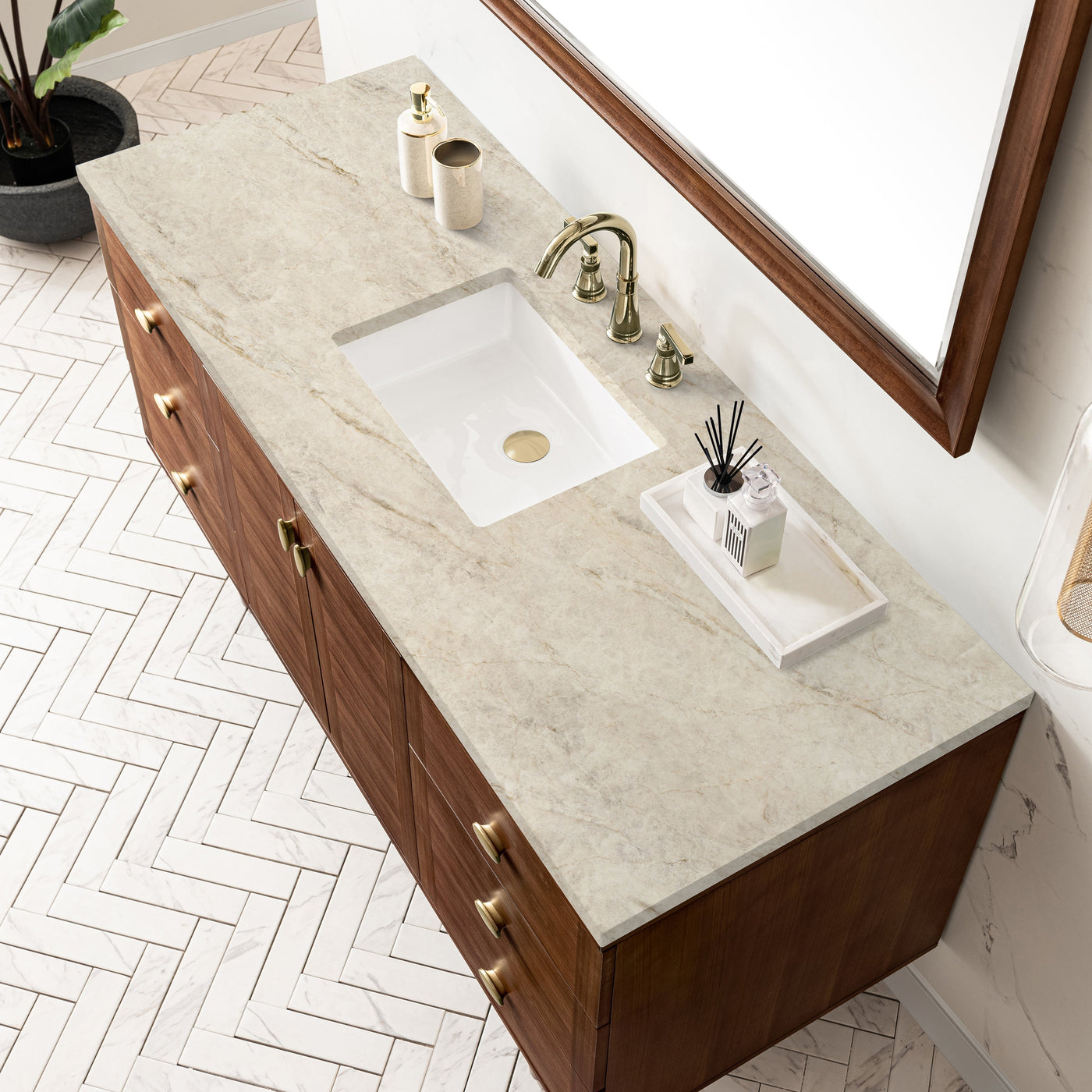 James Martin Amberly 60" Dual Mount Single Bathroom Vanity, Mid-Century Walnut with Tajnar countertop