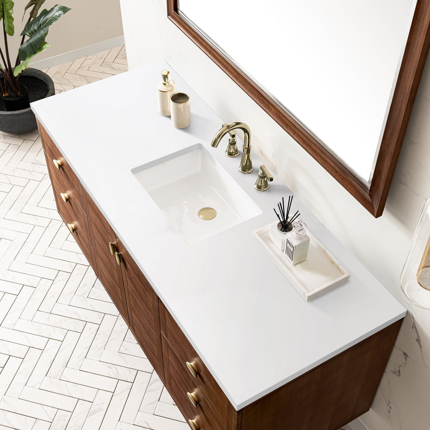 James Martin Amberly 60" Dual Mount Single Bathroom Vanity, Mid-Century Walnut with White Zeus countertop