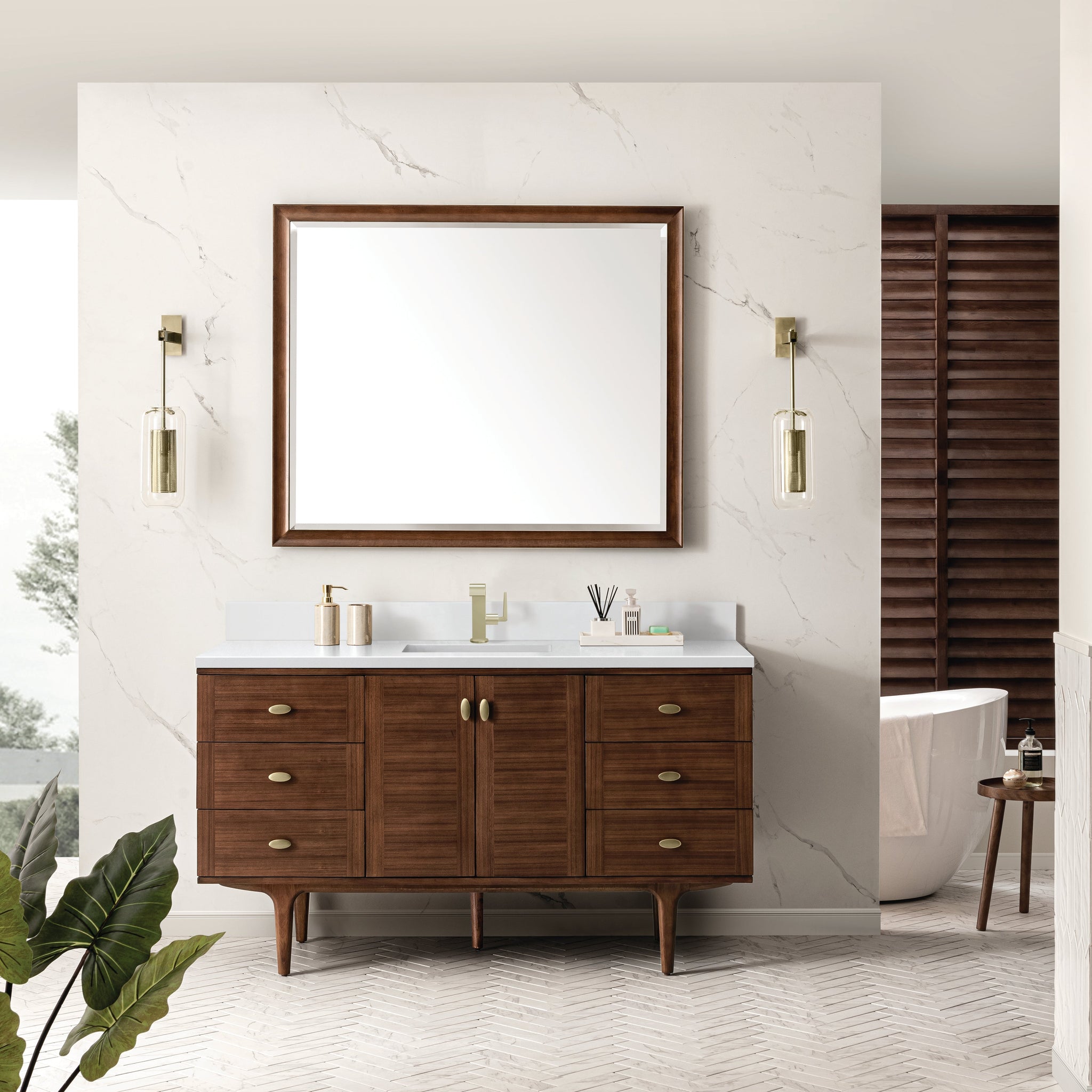 James Martin Amberly 60" Dual Mount Single Bathroom Vanity, Mid-Century Walnut with White Zeus (Single Hole, with Backsplash) countertop