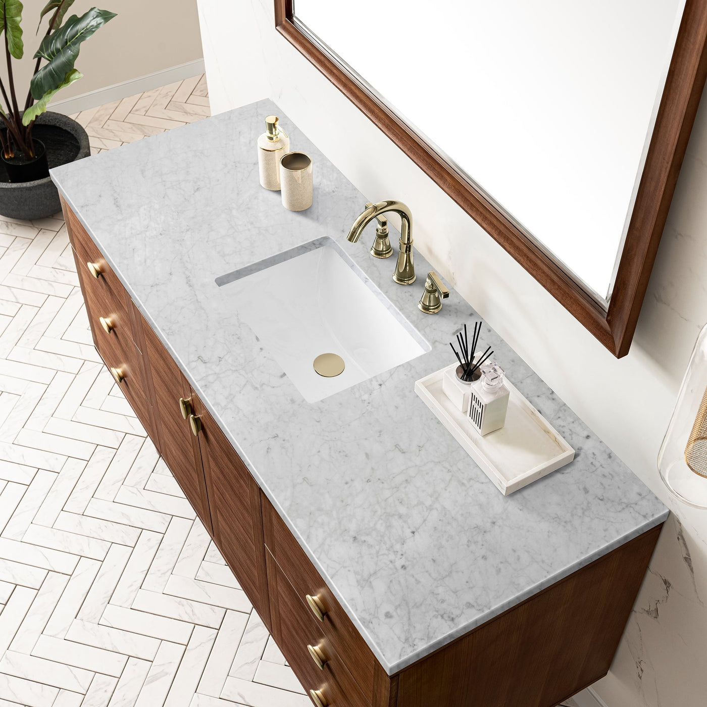 James Martin Amberly 60" Dual Mount Single Bathroom Vanity, Mid-Century Walnut with Carrara White countertop