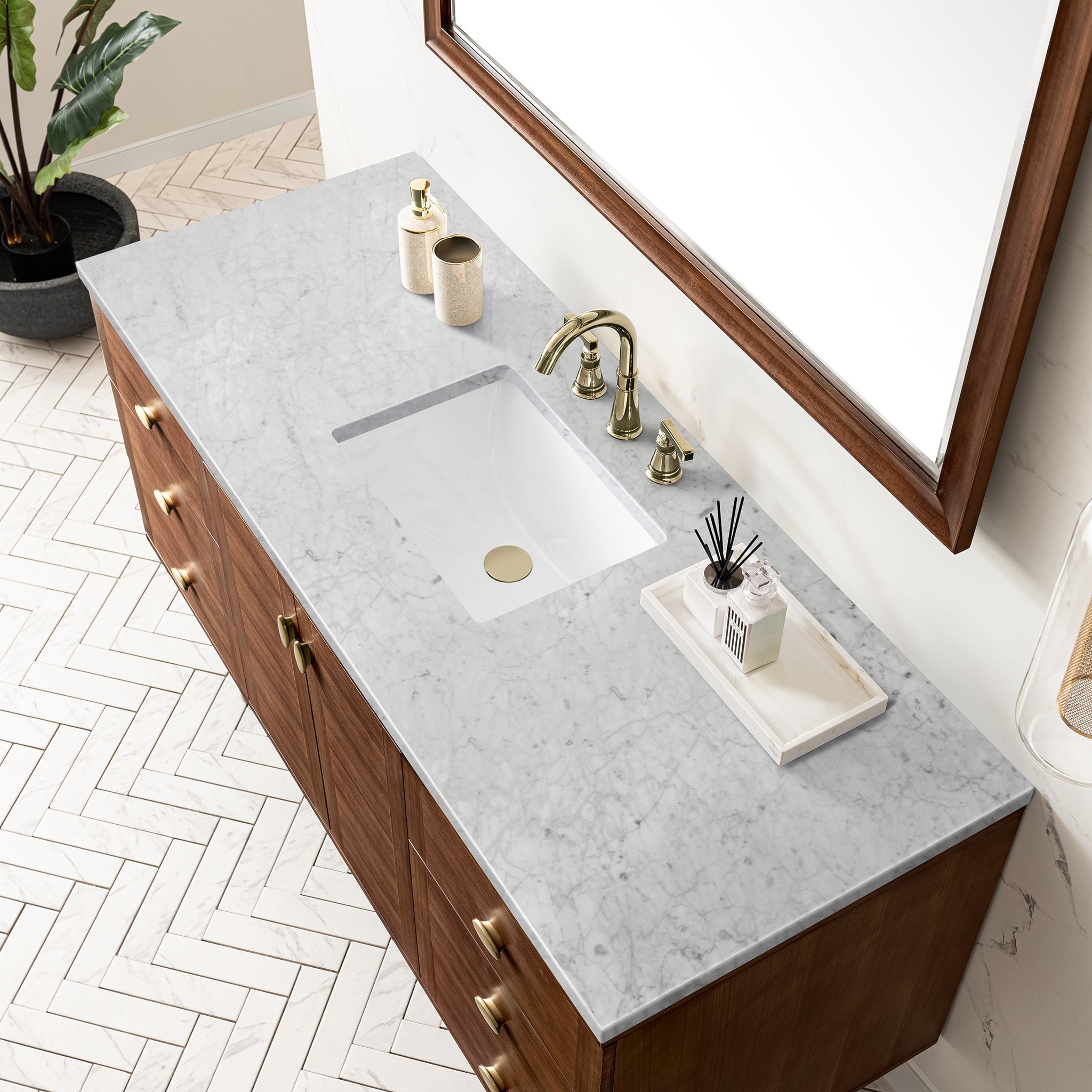 James Martin Amberly 60" Dual Mount Single Bathroom Vanity, Mid-Century Walnut with Carrara White countertop