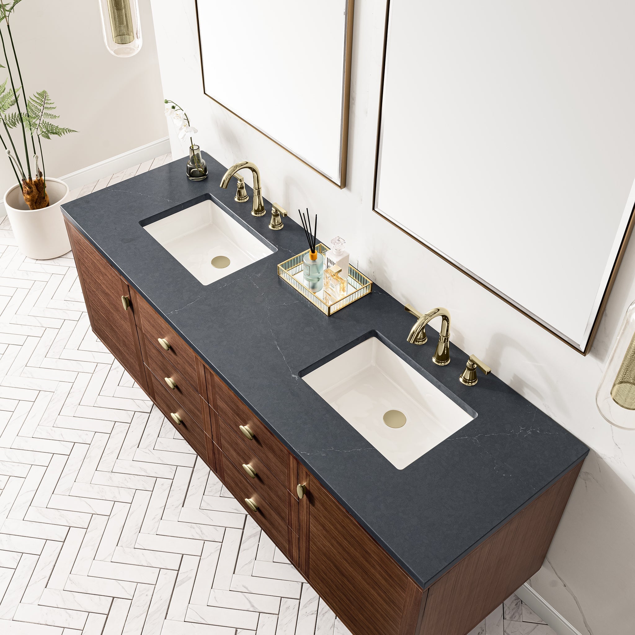 James Martin Amberly 72" Dual Mount Double Bathroom Vanity, Mid-Century Walnut with Charcoal Soapstone countertop