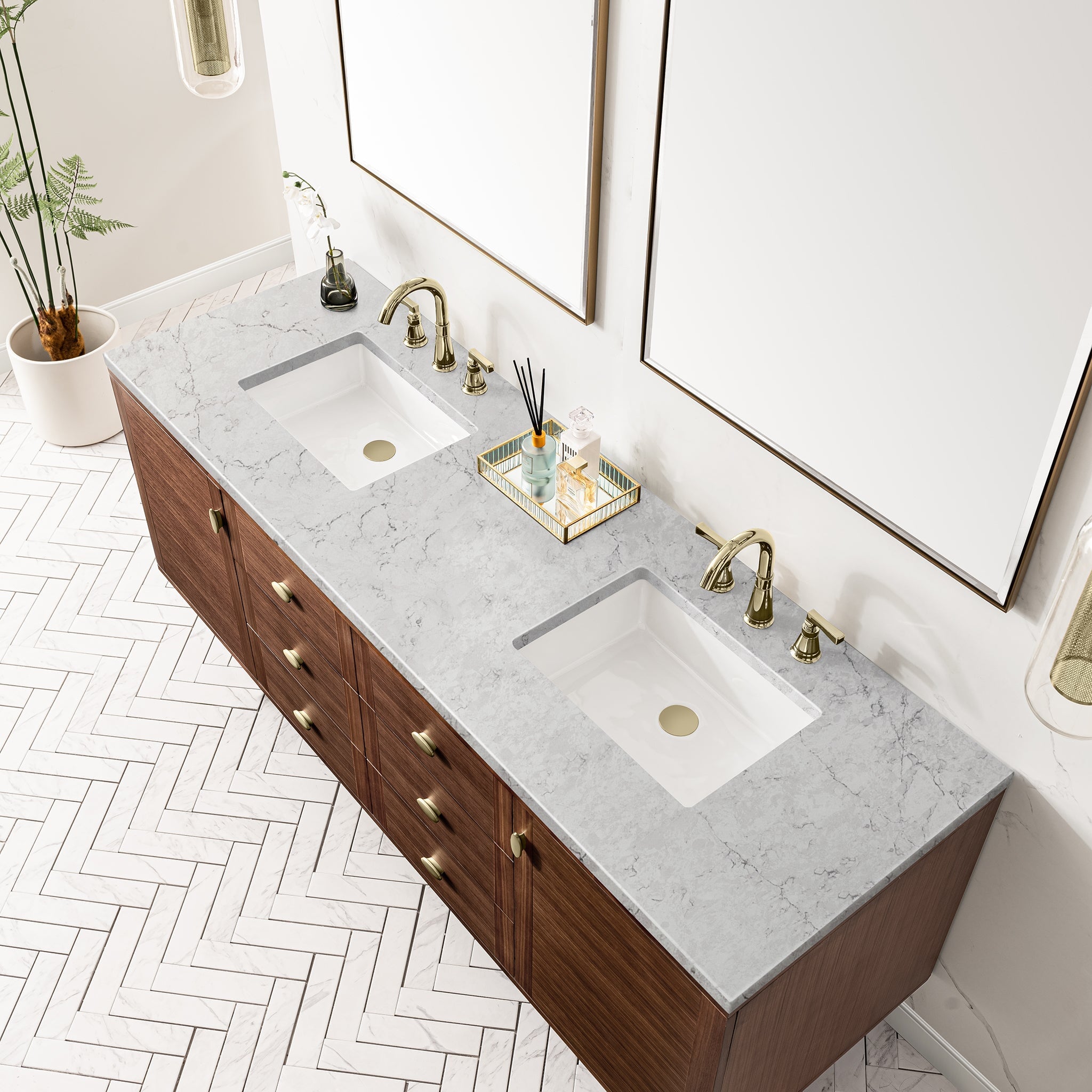 James Martin Amberly 72" Dual Mount Double Bathroom Vanity, Mid-Century Walnut with Eternal Jasmine Pearl countertop