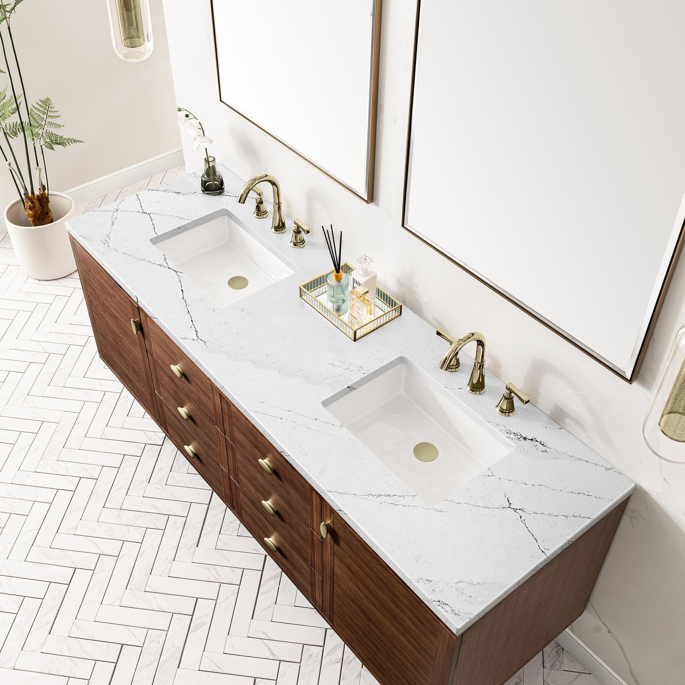 James Martin Amberly 72" Dual Mount Double Bathroom Vanity, Mid-Century Walnut with Ethereal Noctis countertop