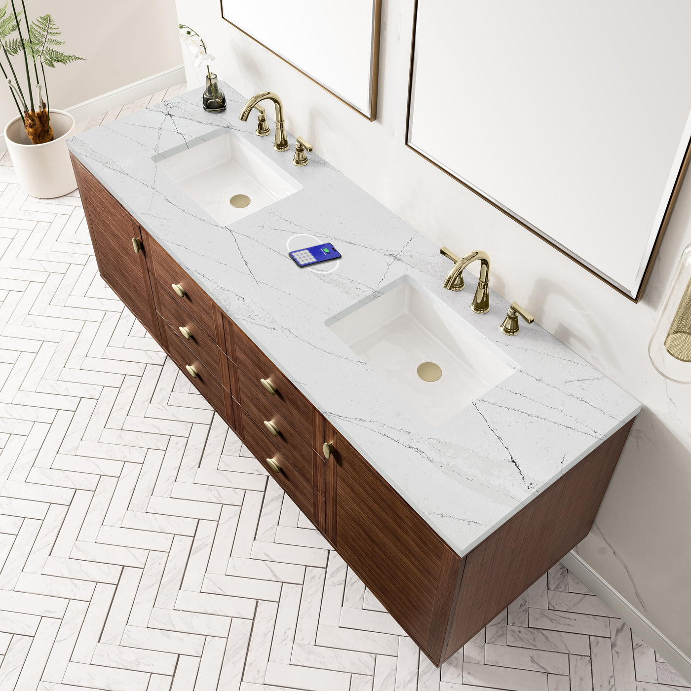 James Martin Amberly 72" Dual Mount Double Bathroom Vanity, Mid-Century Walnut with Ethereal Noctis (FreePower) countertop