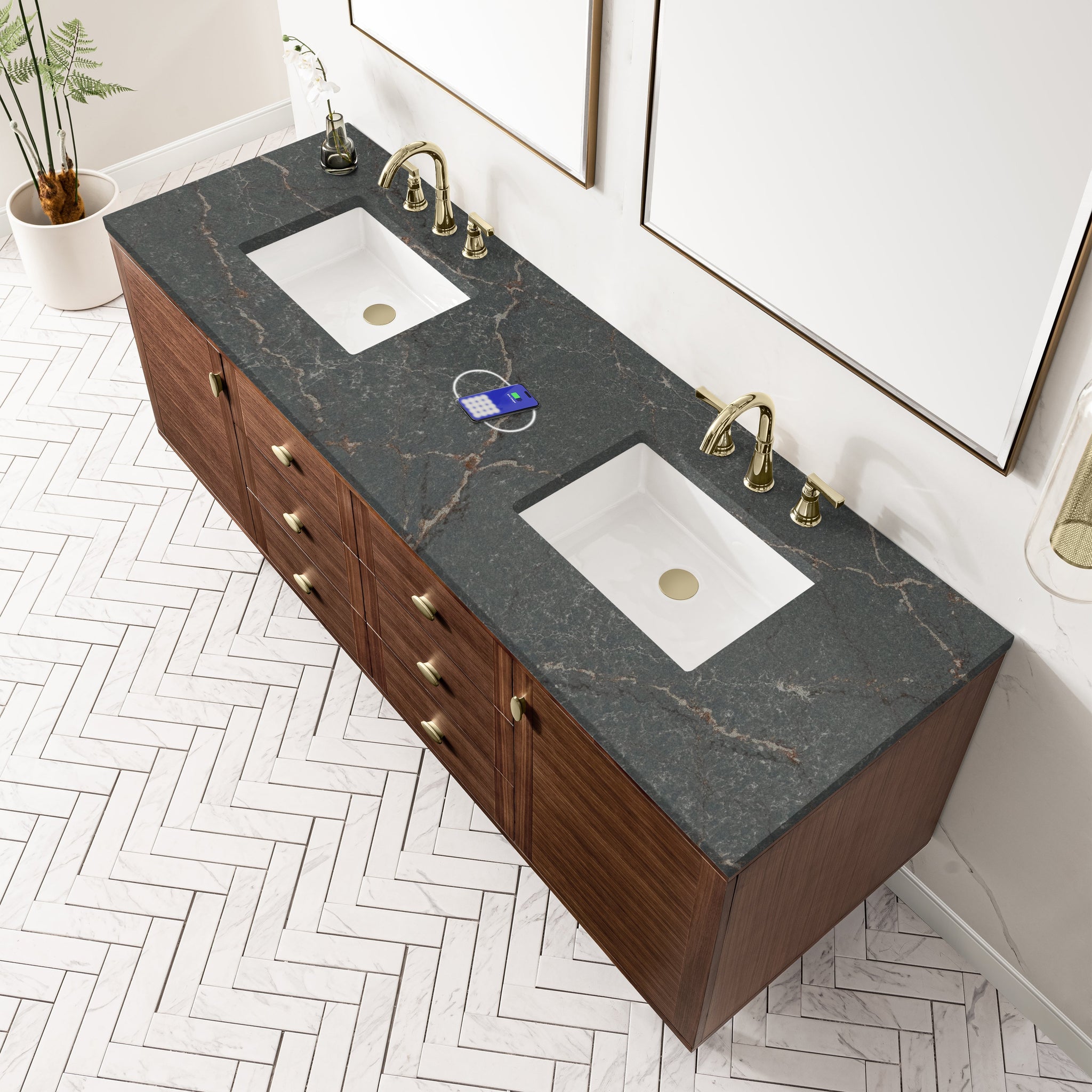 James Martin Amberly 72" Dual Mount Double Bathroom Vanity, Mid-Century Walnut with Parisien Bleu (FreePower) countertop