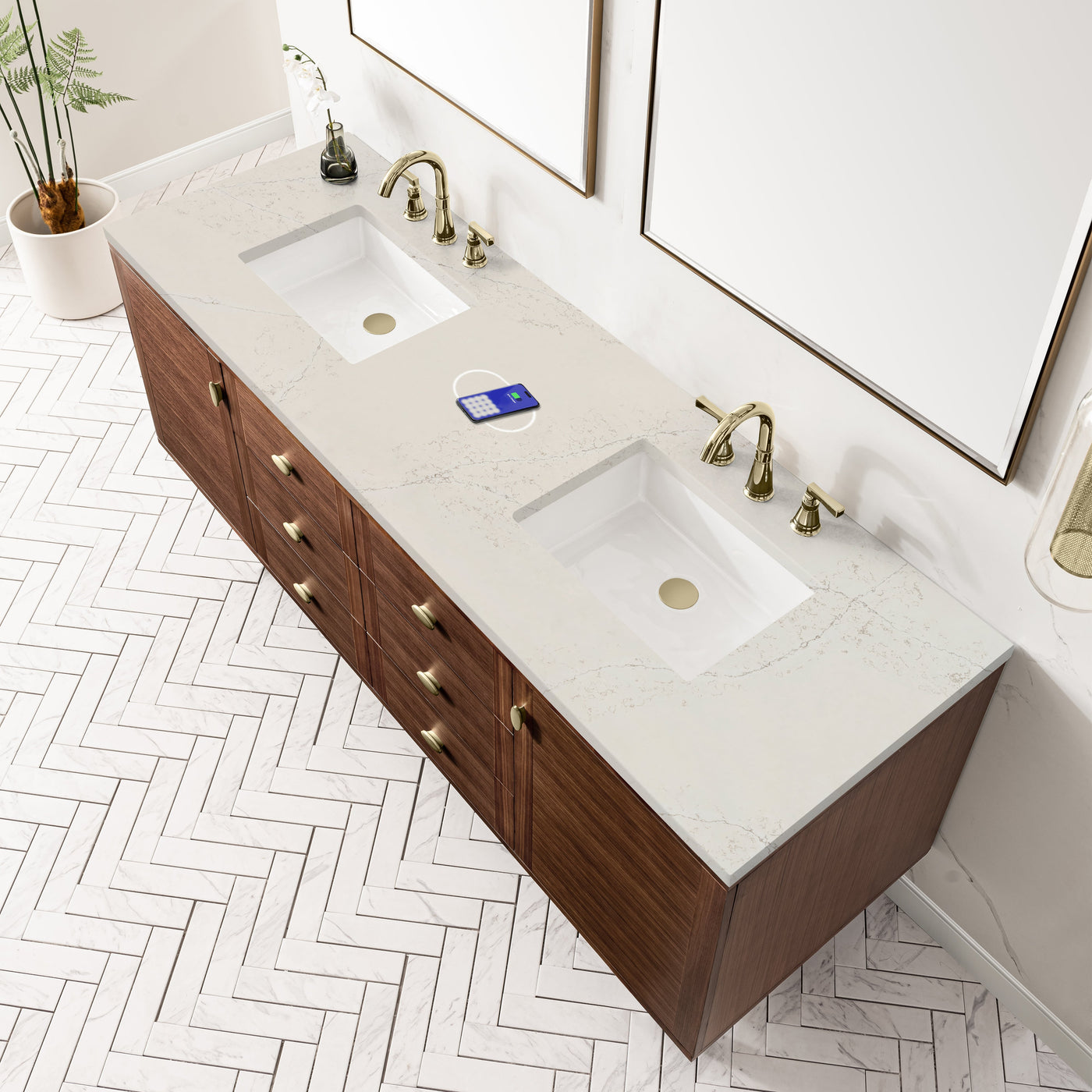 James Martin Amberly 72" Dual Mount Double Bathroom Vanity, Mid-Century Walnut with Siberian (FreePower) countertop