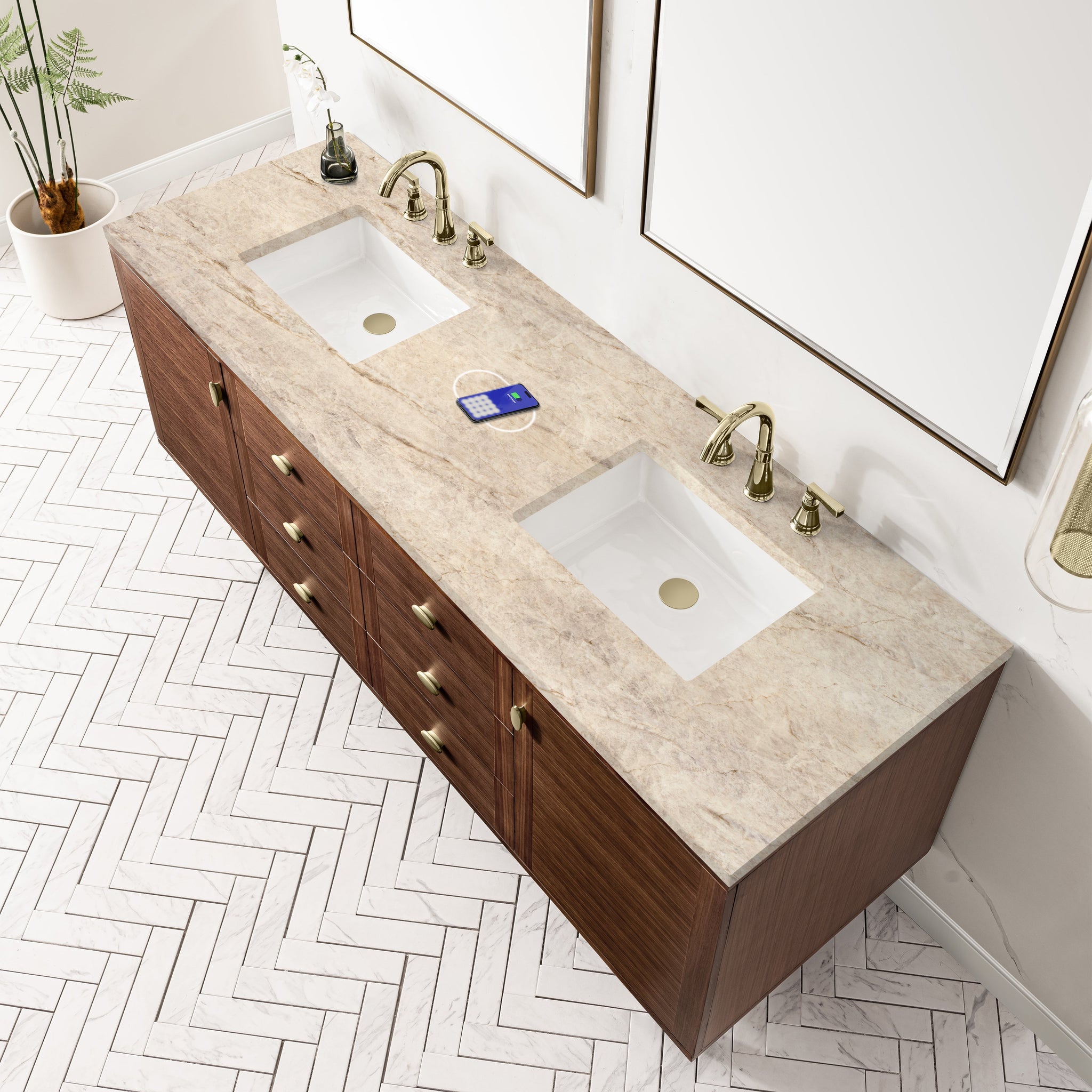 James Martin Amberly 72" Dual Mount Double Bathroom Vanity, Mid-Century Walnut with Tajnar (FreePower) countertop