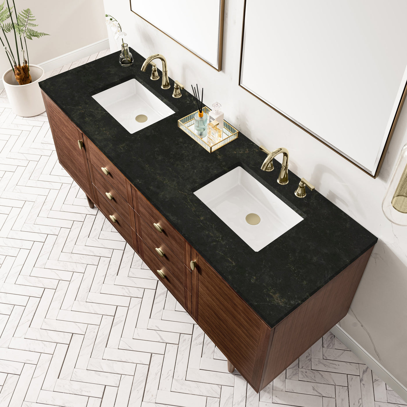 James Martin Amberly 72" Dual Mount Double Bathroom Vanity, Mid-Century Walnut with Phantome countertop