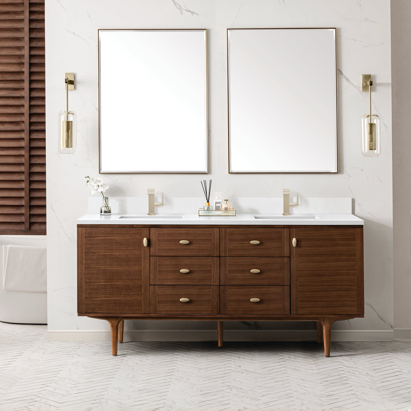 James Martin Amberly 72" Dual Mount Double Bathroom Vanity, Mid-Century Walnut with White Zeus (Single Hole, with Backsplash) countertop