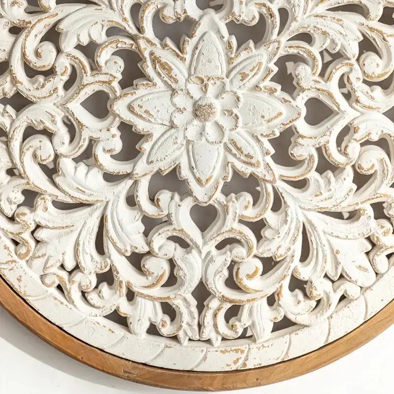 American Style Countryside Retro Carved Flower Design Wall Hanging for Homestay Entrance Living Room Wall Decoration Pendant Circular Wall Hanging by House Of Avana