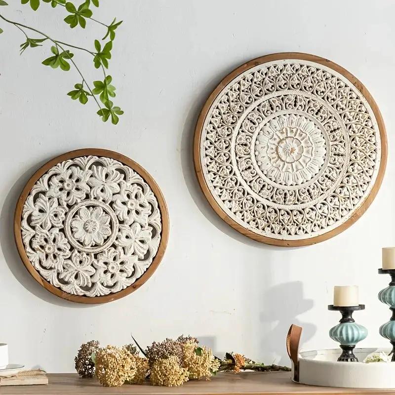 American Style Countryside Retro Carved Flower Design Wall Hanging for Homestay Entrance Living Room Wall Decoration Pendant Circular Wall Hanging by House Of Avana