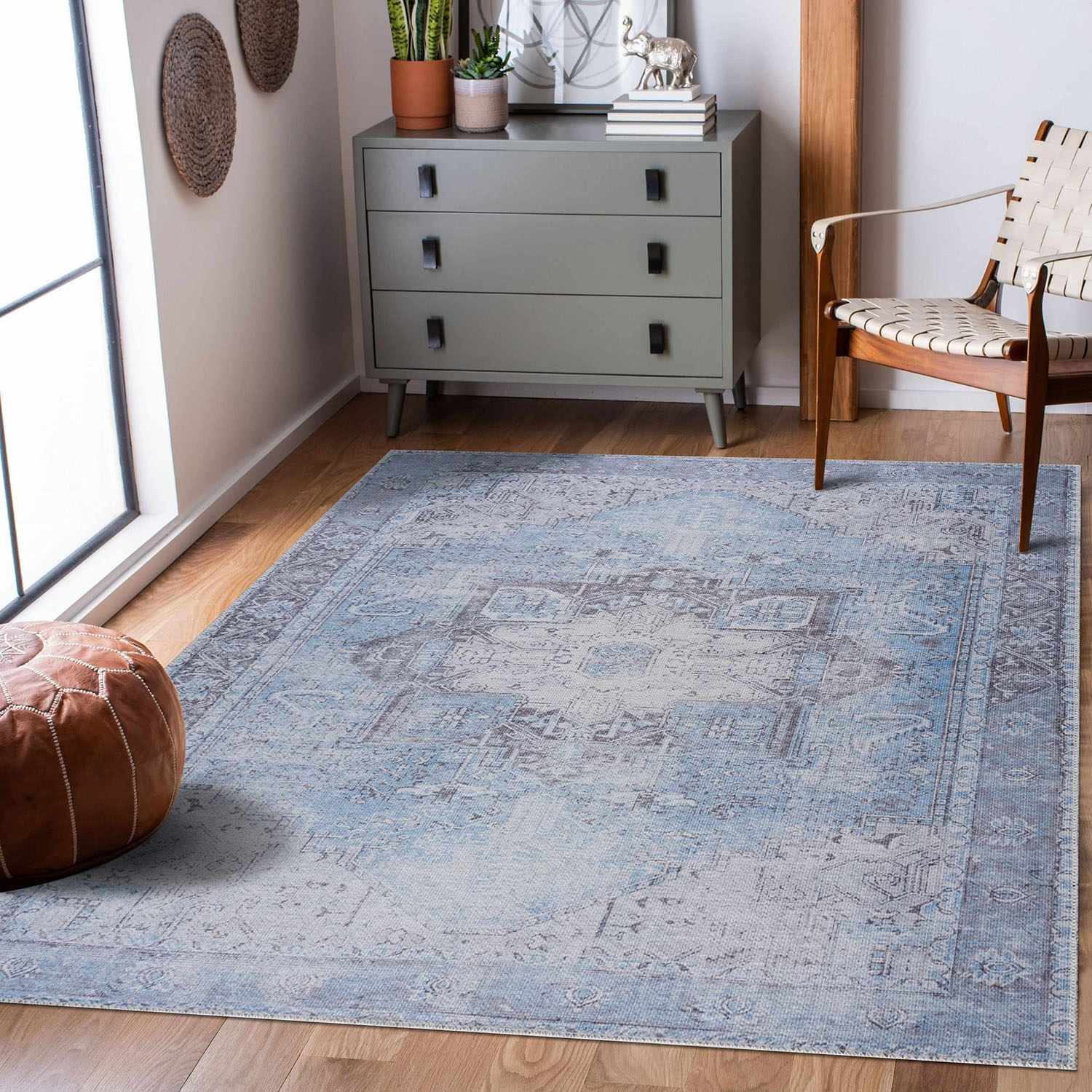 Ice Blue Flat Pile Washable Rug - Clearance by Boutique Rugs