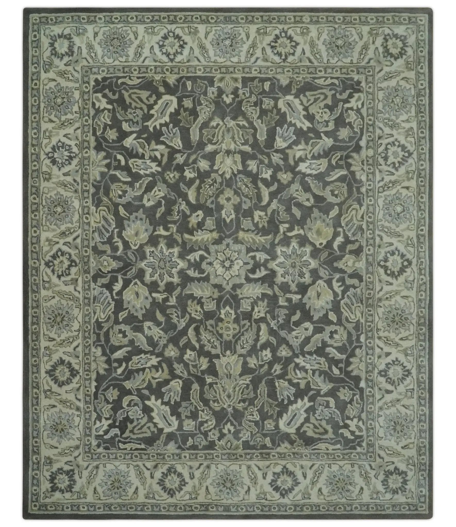 Antique Design 8x10 Charcoal and Beige Traditional Floral Hand Tufted rug by The Rug Decor