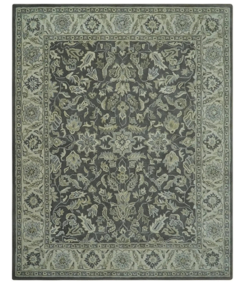 Antique Design 8x10 Charcoal and Beige Traditional Floral Hand Tufted rug by The Rug Decor
