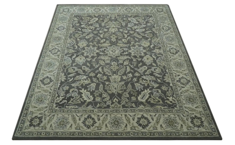 Antique Design 8x10 Charcoal and Beige Traditional Floral Hand Tufted rug by The Rug Decor
