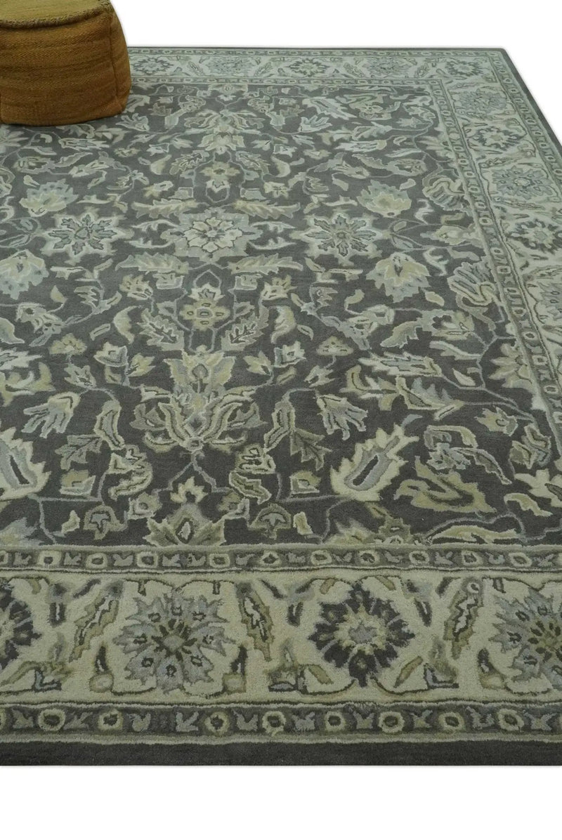 Antique Design 8x10 Charcoal and Beige Traditional Floral Hand Tufted rug by The Rug Decor