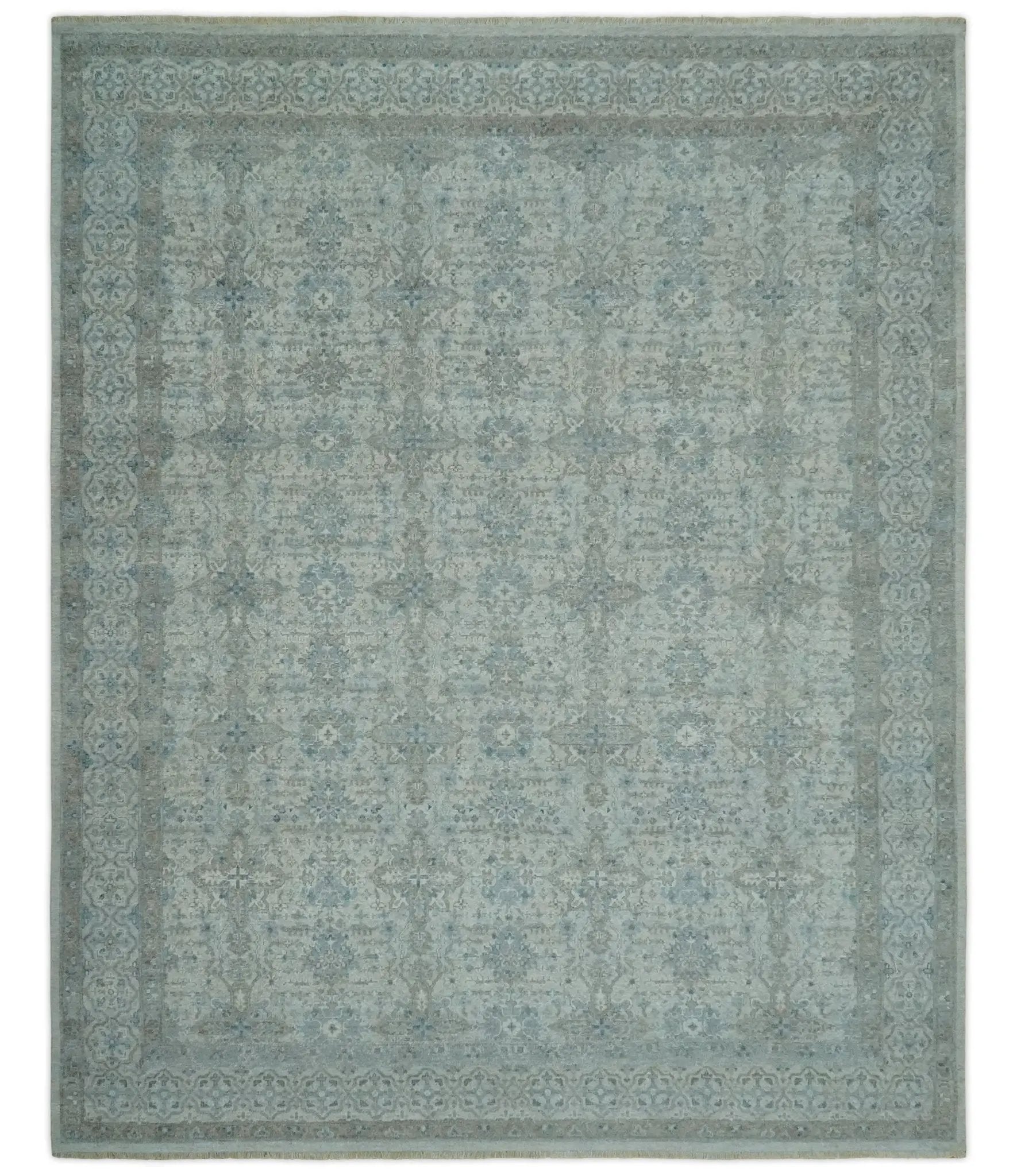 Antique Distress finish Silver, Teal and Brown Hand Knotted Traditional 8x10 wool Rug by The Rug Decor