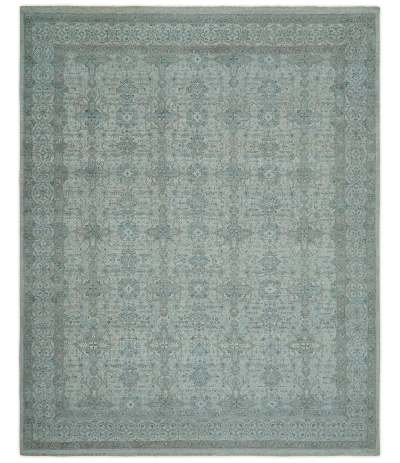 Antique Distress finish Silver, Teal and Brown Hand Knotted Traditional 8x10 wool Rug by The Rug Decor