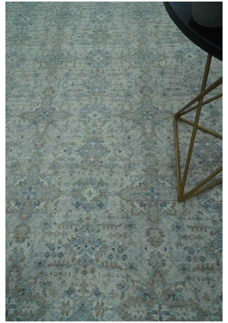 Antique Distress finish Silver, Teal and Brown Hand Knotted Traditional 8x10 wool Rug by The Rug Decor