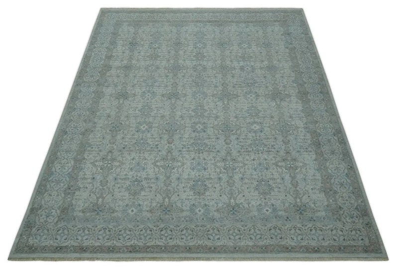 Antique Distress finish Silver, Teal and Brown Hand Knotted Traditional 8x10 wool Rug by The Rug Decor