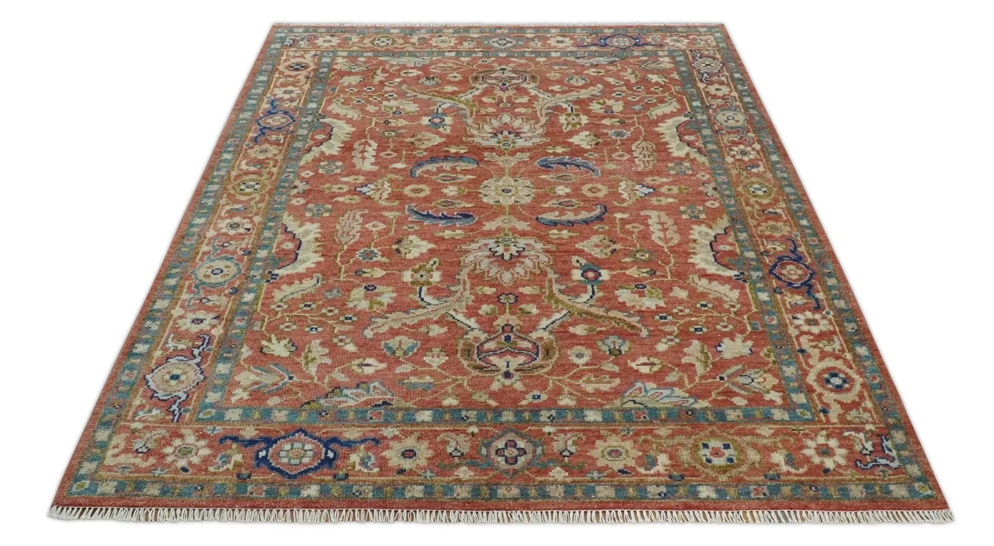 Antique Floral Style Rust, Teal, Ivory and Olive Hand Knotted Oriental Oushak 8x10 Wool Area Rug by The Rug Decor