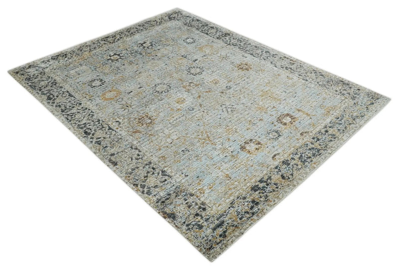 Antique look Aqua, Gold and Charcoal Hand Knotted Carved Texture Traditional Oriental Oushak 8x10 wool Area Rug by The Rug Decor