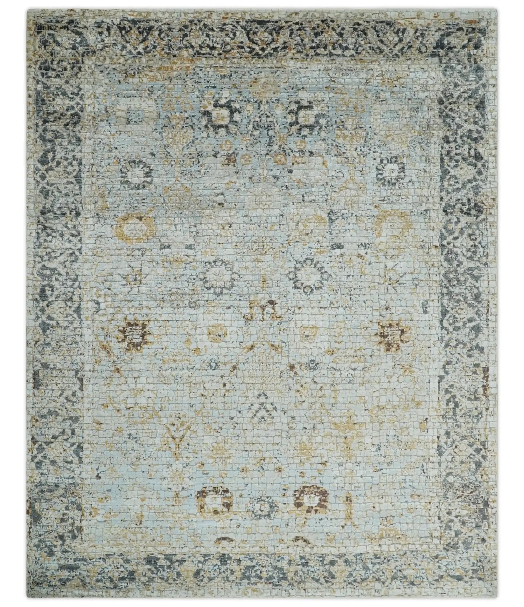 Antique look Aqua, Gold and Charcoal Hand Knotted Carved Texture Traditional Oriental Oushak 8x10 wool Area Rug by The Rug Decor