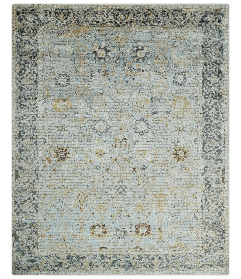 Antique look Aqua, Gold and Charcoal Hand Knotted Carved Texture Traditional Oriental Oushak 8x10 wool Area Rug by The Rug Decor