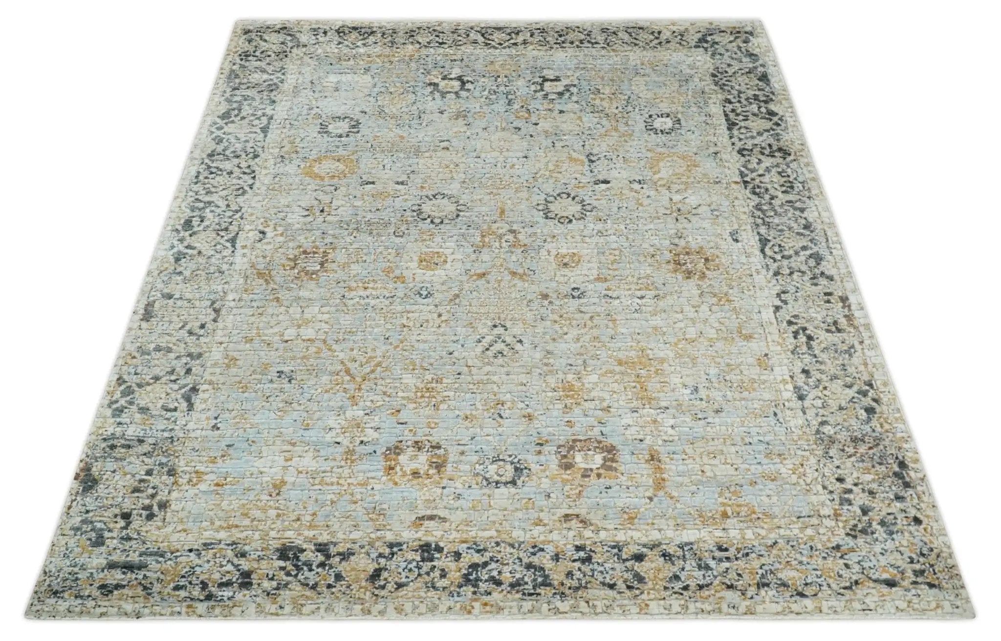 Antique look Aqua, Gold and Charcoal Hand Knotted Carved Texture Traditional Oriental Oushak 8x10 wool Area Rug by The Rug Decor