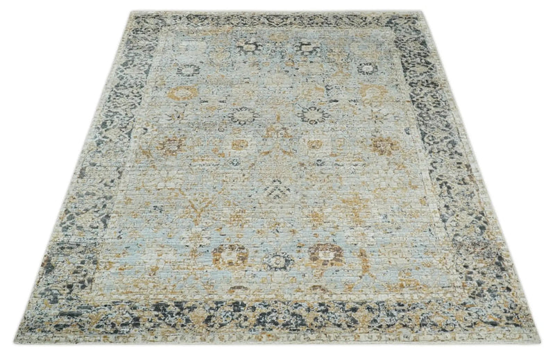 Antique look Aqua, Gold and Charcoal Hand Knotted Carved Texture Traditional Oriental Oushak 8x10 wool Area Rug by The Rug Decor
