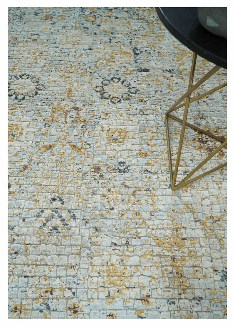 Antique look Aqua, Gold and Charcoal Hand Knotted Carved Texture Traditional Oriental Oushak 8x10 wool Area Rug by The Rug Decor