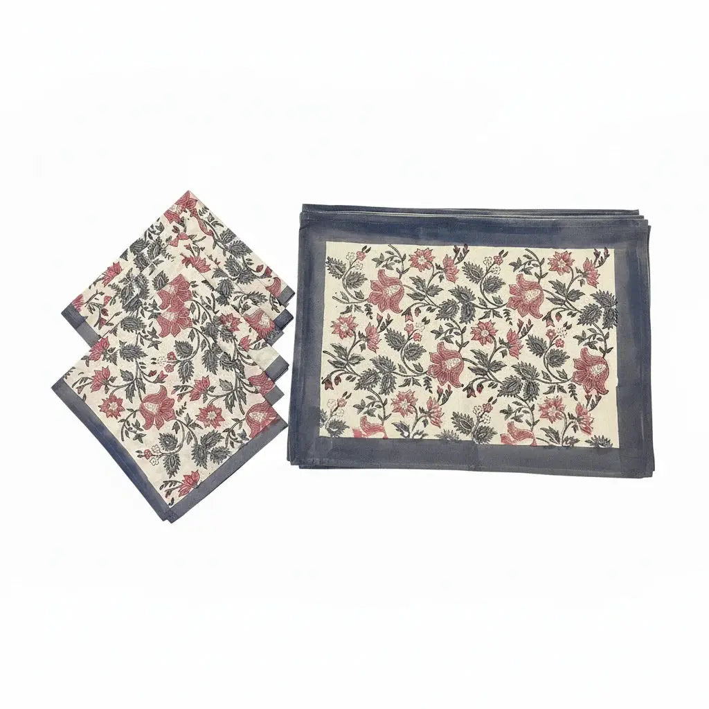 Antique Rose & Charcoal Table Linen Set – 13 Piece | Hand Block Printed Cotton | Runner, Placemats & Napkins by House Of Avana