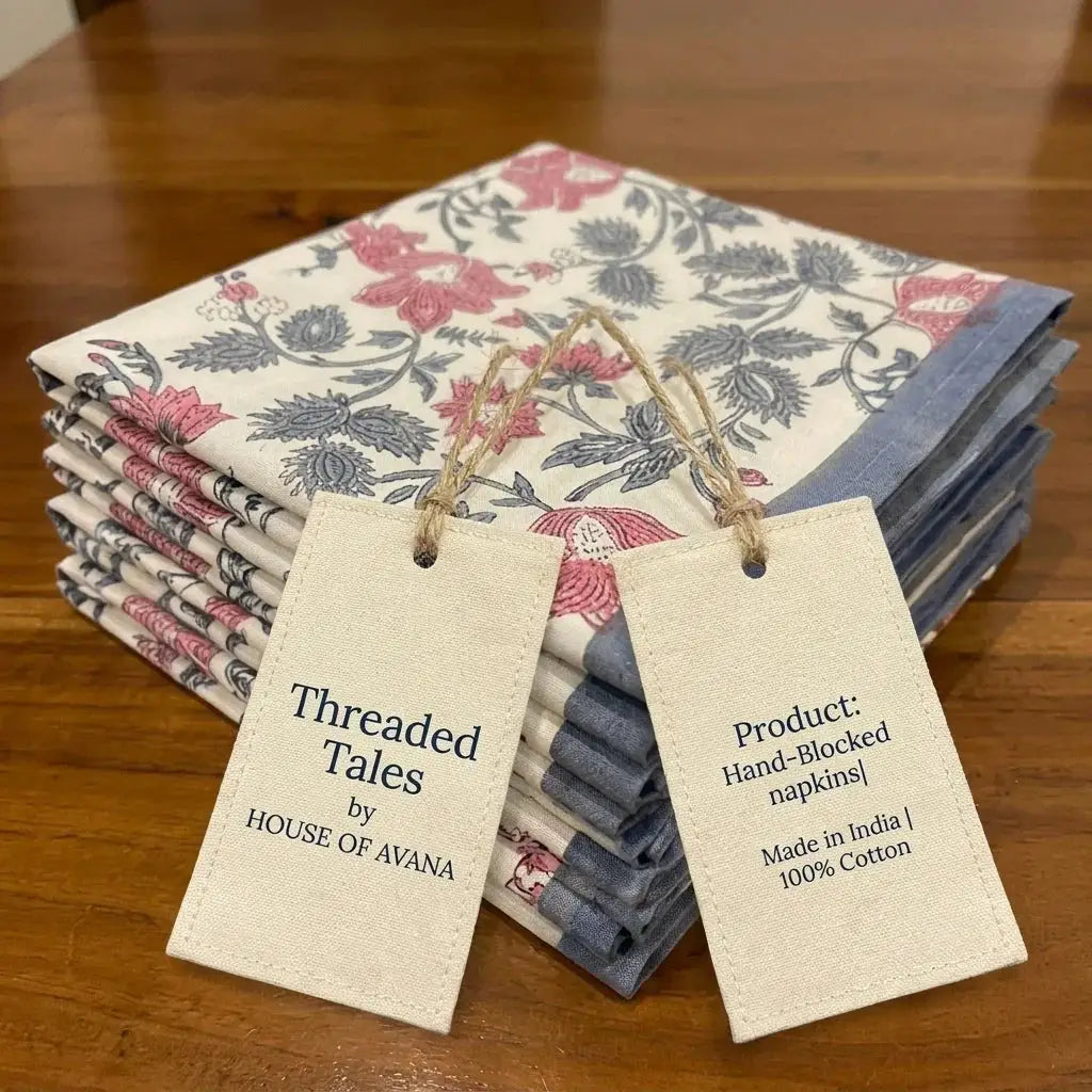 Antique Rose & Charcoal Table Linen Set – 13 Piece | Hand Block Printed Cotton | Runner, Placemats & Napkins by House Of Avana
