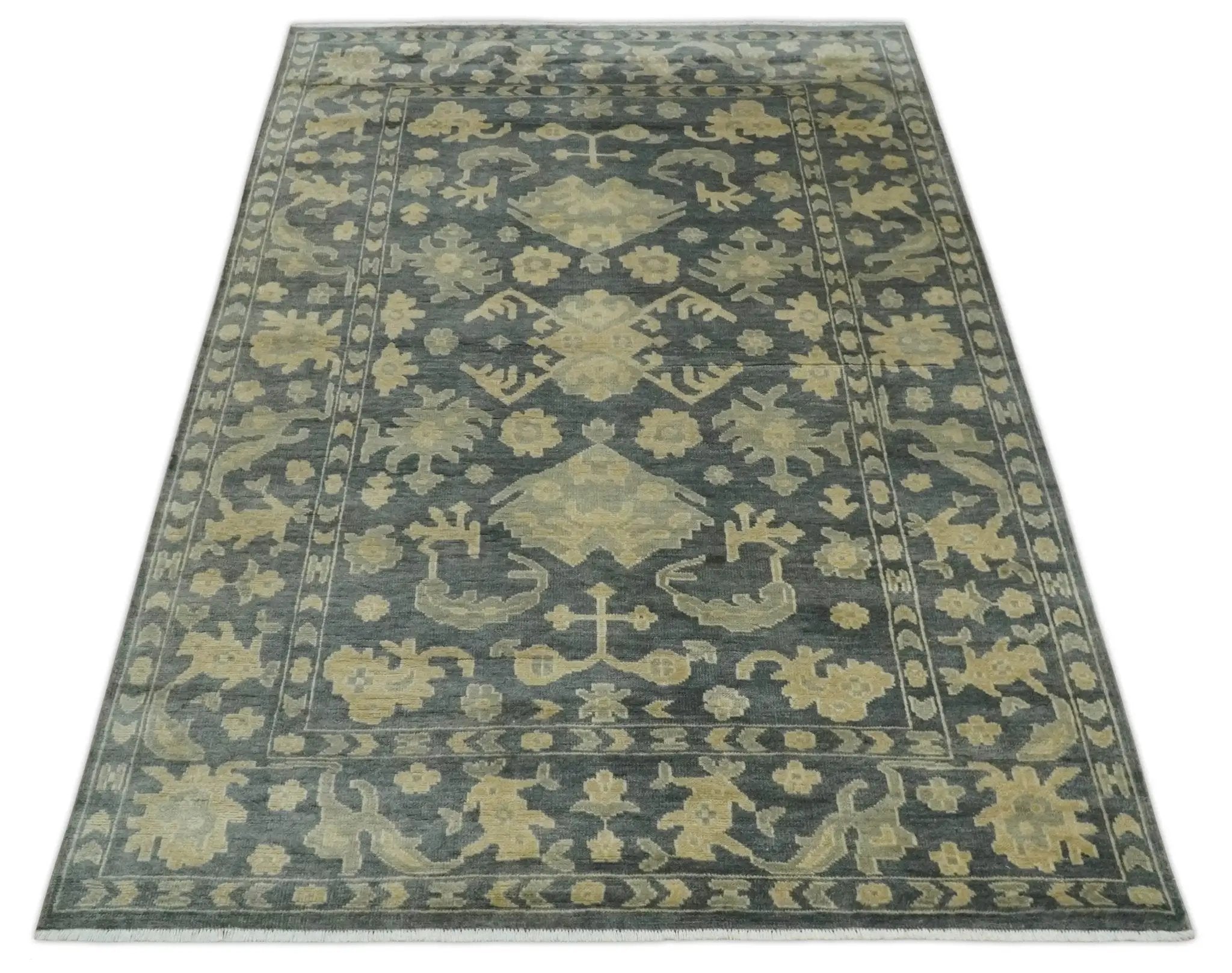 Antique Style 6x9 Hand Knotted Beige and Charcoal Traditional Wool Rug | N35669 by The Rug Decor