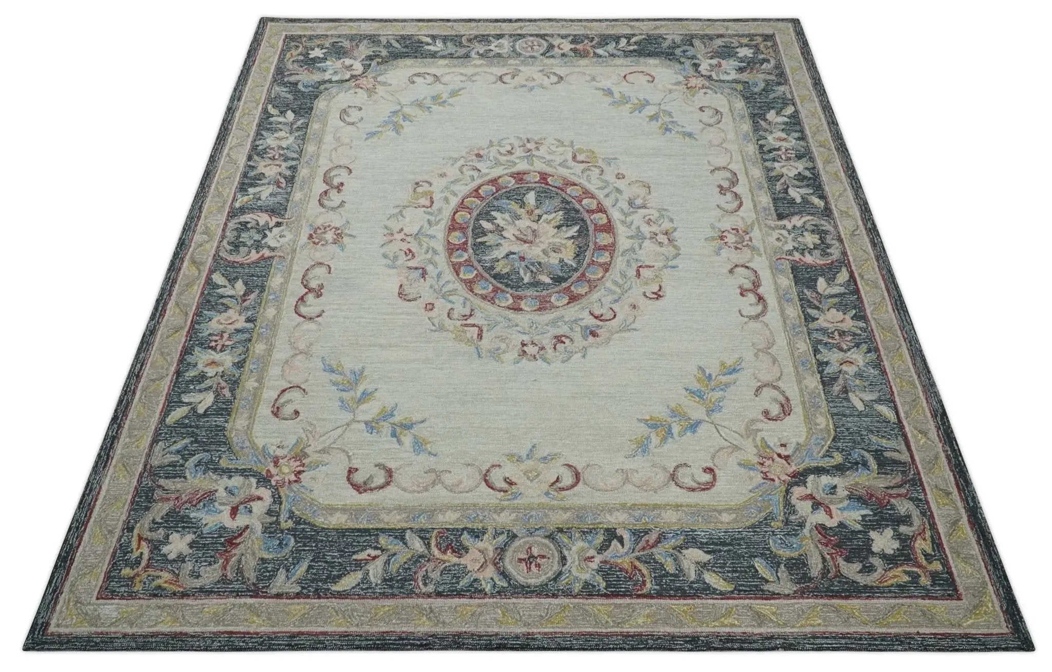 Antique Style Beige and Charcoal Aubusson design Hand Tufted 8x10 wool Area Rug by The Rug Decor