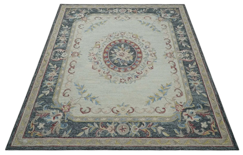 Antique Style Beige and Charcoal Aubusson design Hand Tufted 8x10 wool Area Rug by The Rug Decor