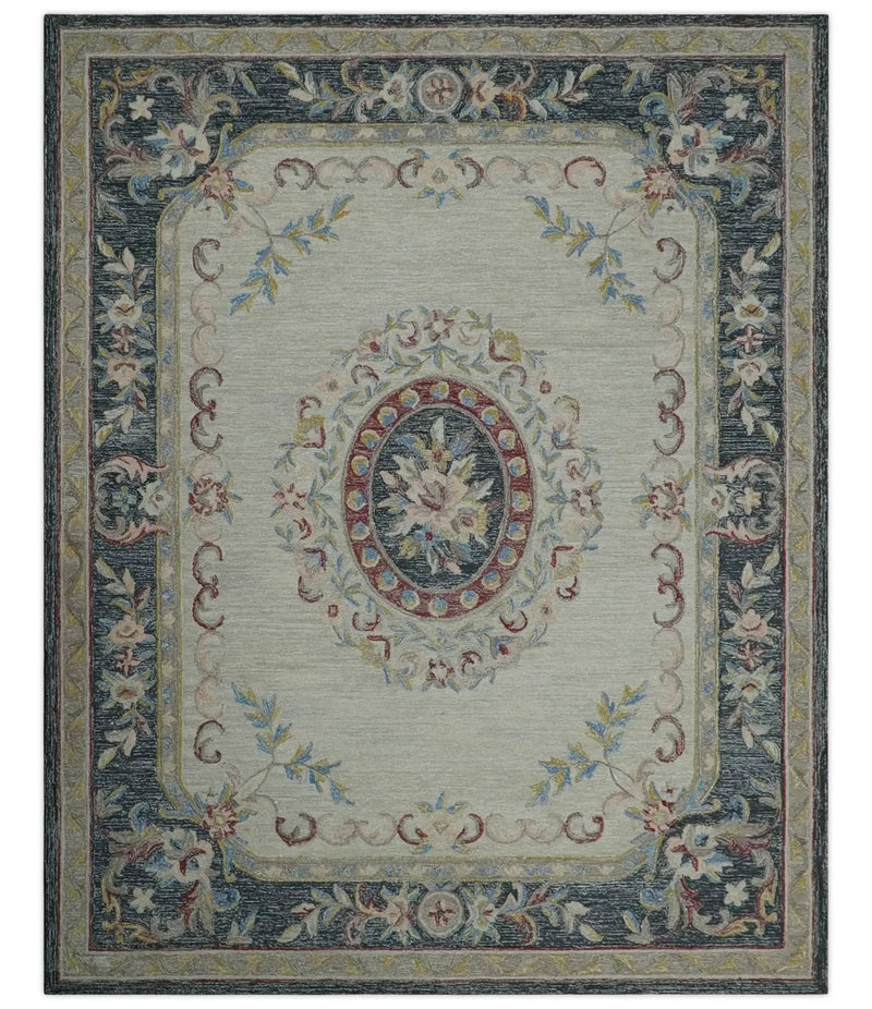 Antique Style Beige and Charcoal Aubusson design Hand Tufted 8x10 wool Area Rug by The Rug Decor