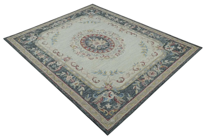 Antique Style Beige and Charcoal Aubusson design Hand Tufted 8x10 wool Area Rug by The Rug Decor