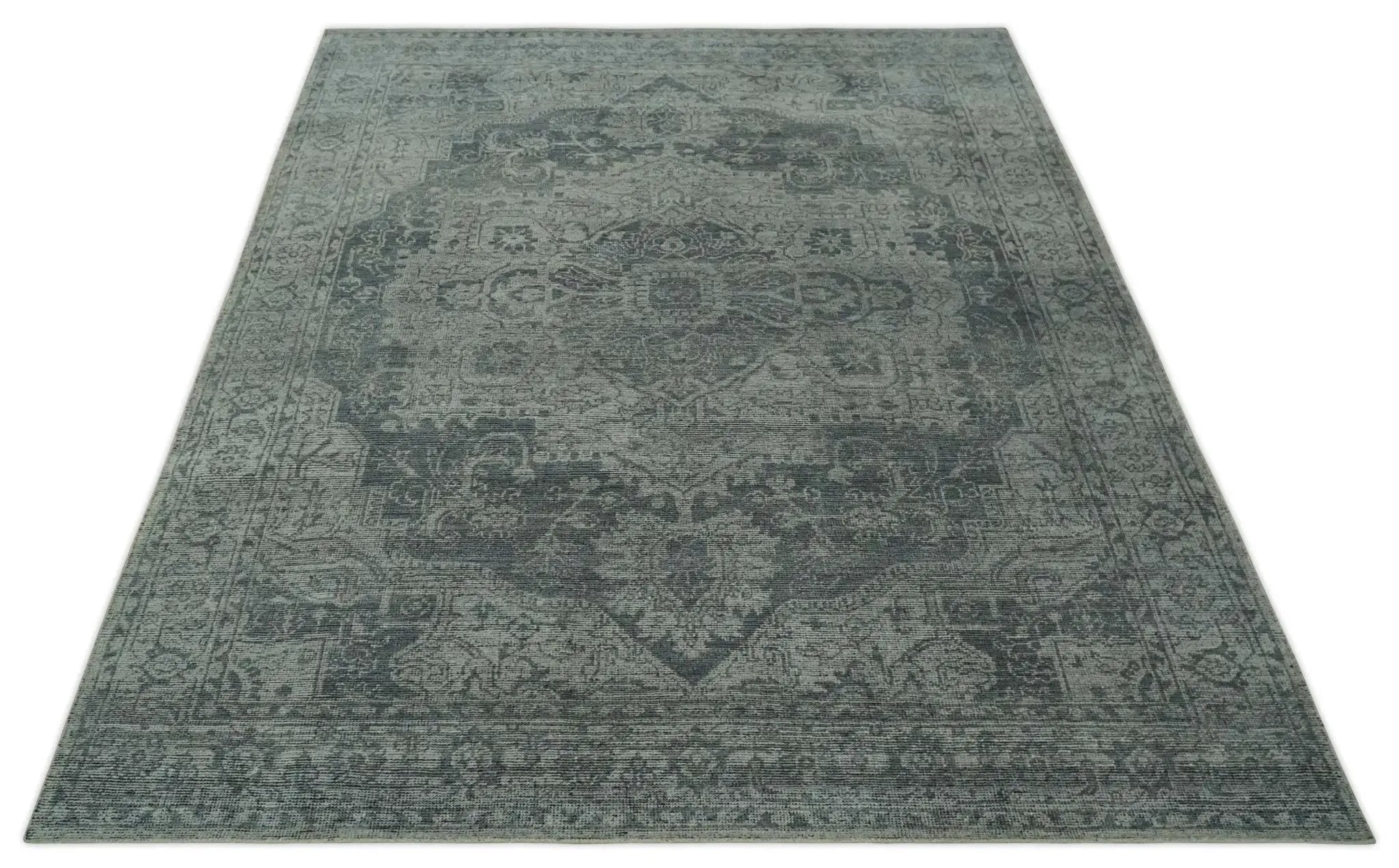 Antique Style Charcoal and Silver Traditional Heriz Medallion 8x10 wool Area Rug by The Rug Decor
