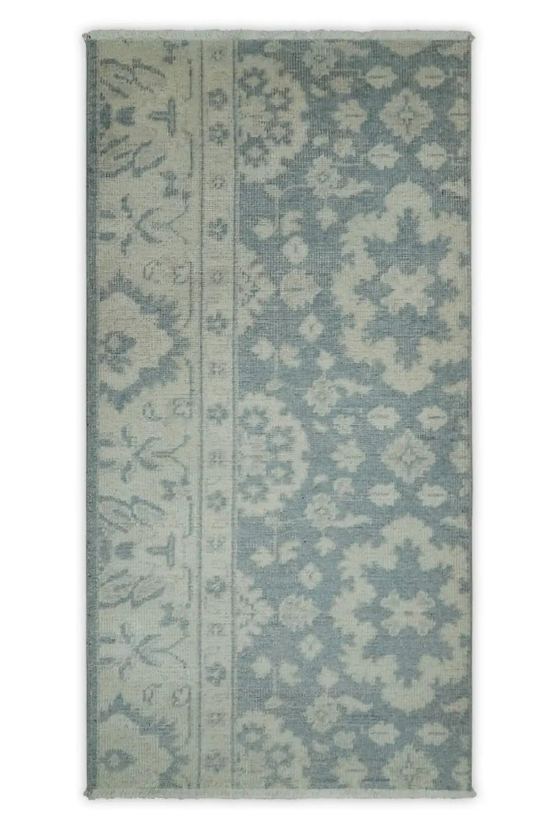 Antique Style Ivory and Charcoal Hand Knotted Traditional Oushak 2x4 wool Bedside Rug by The Rug Decor