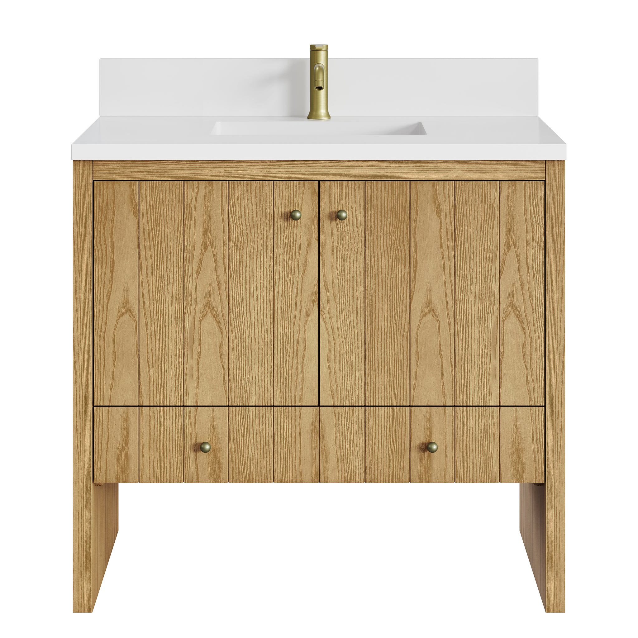 James Martin Hudson 36" Single Bathroom Vanity, Light Natural Oak with White Zeus (Single Hole, with Backsplash) countertop