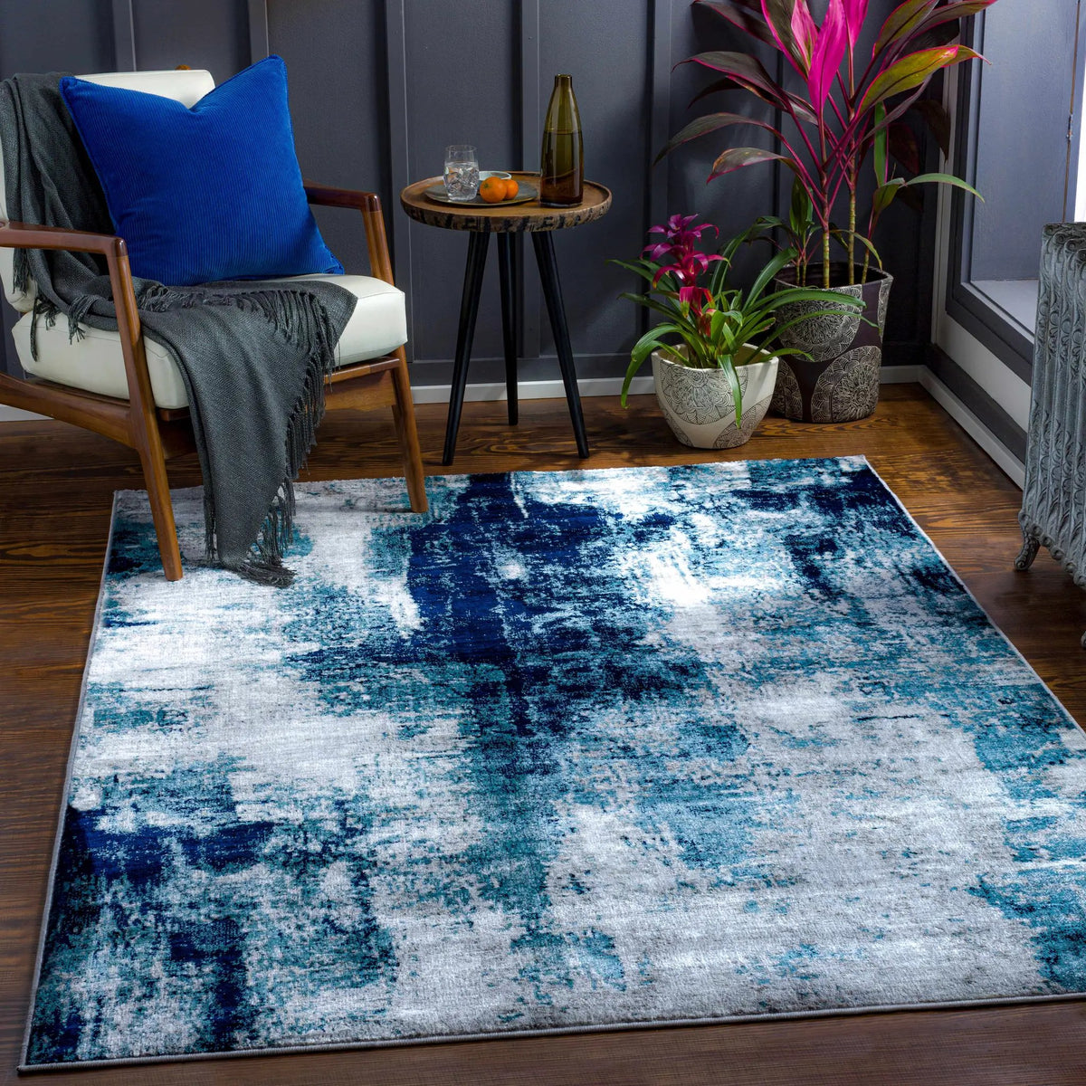 Apas Abstract Blue Area Rug, installed in a room 2