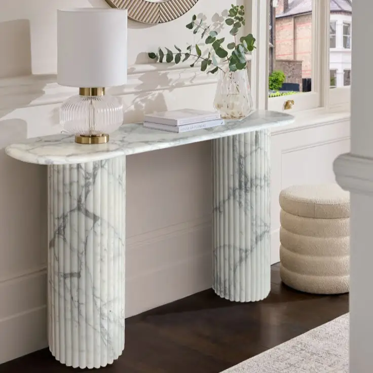 Arabescato Carrara White Marble Console Table - Handcrafted Designer Fluted Legs by GobekDesign