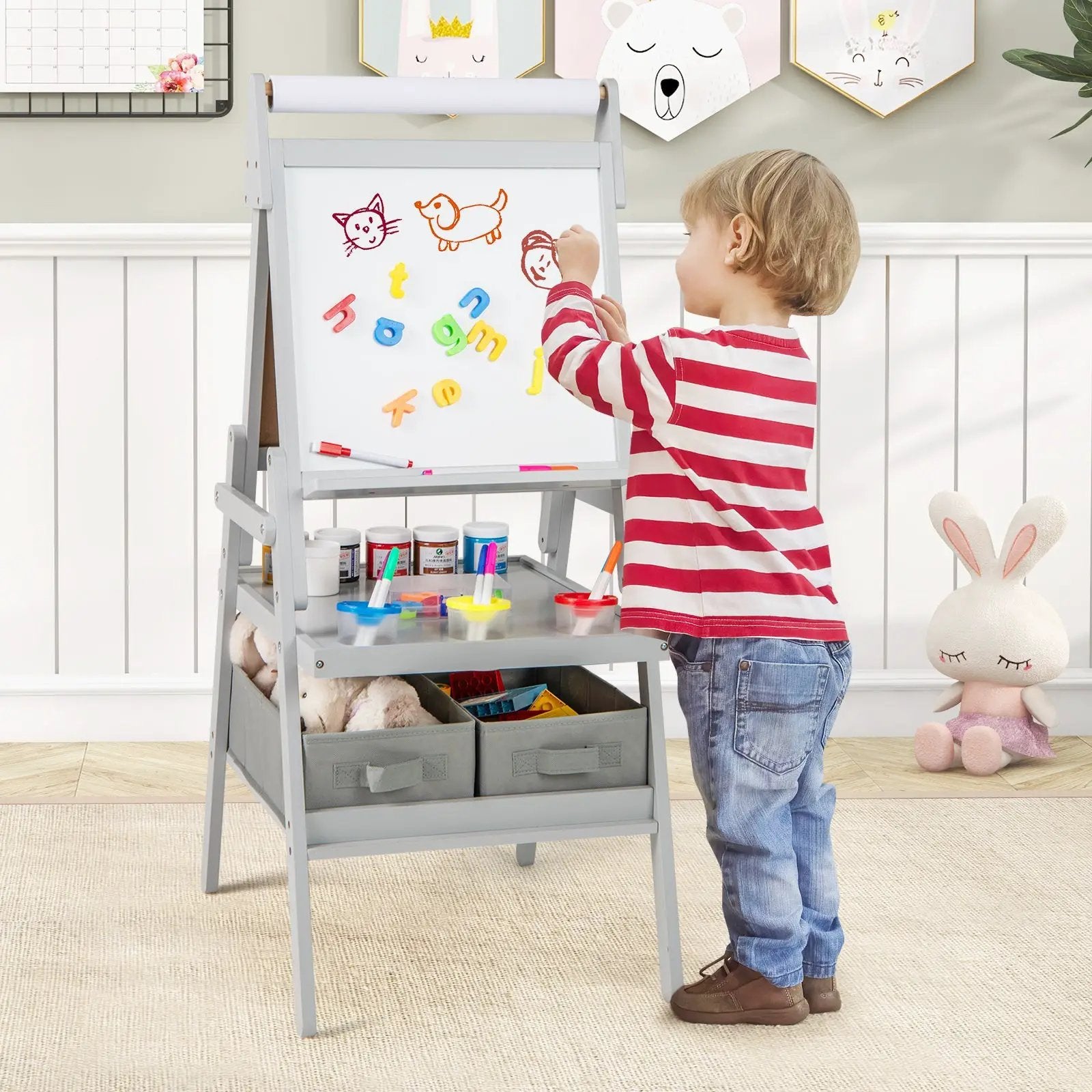 3-in-1 Art Easel for Kids with Magnetic Chalkboard and Whiteboard-Gray by DirectDeals