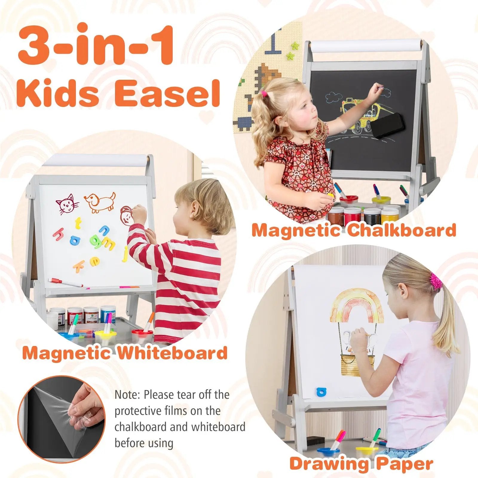 3-in-1 Art Easel for Kids with Magnetic Chalkboard and Whiteboard-Gray by DirectDeals