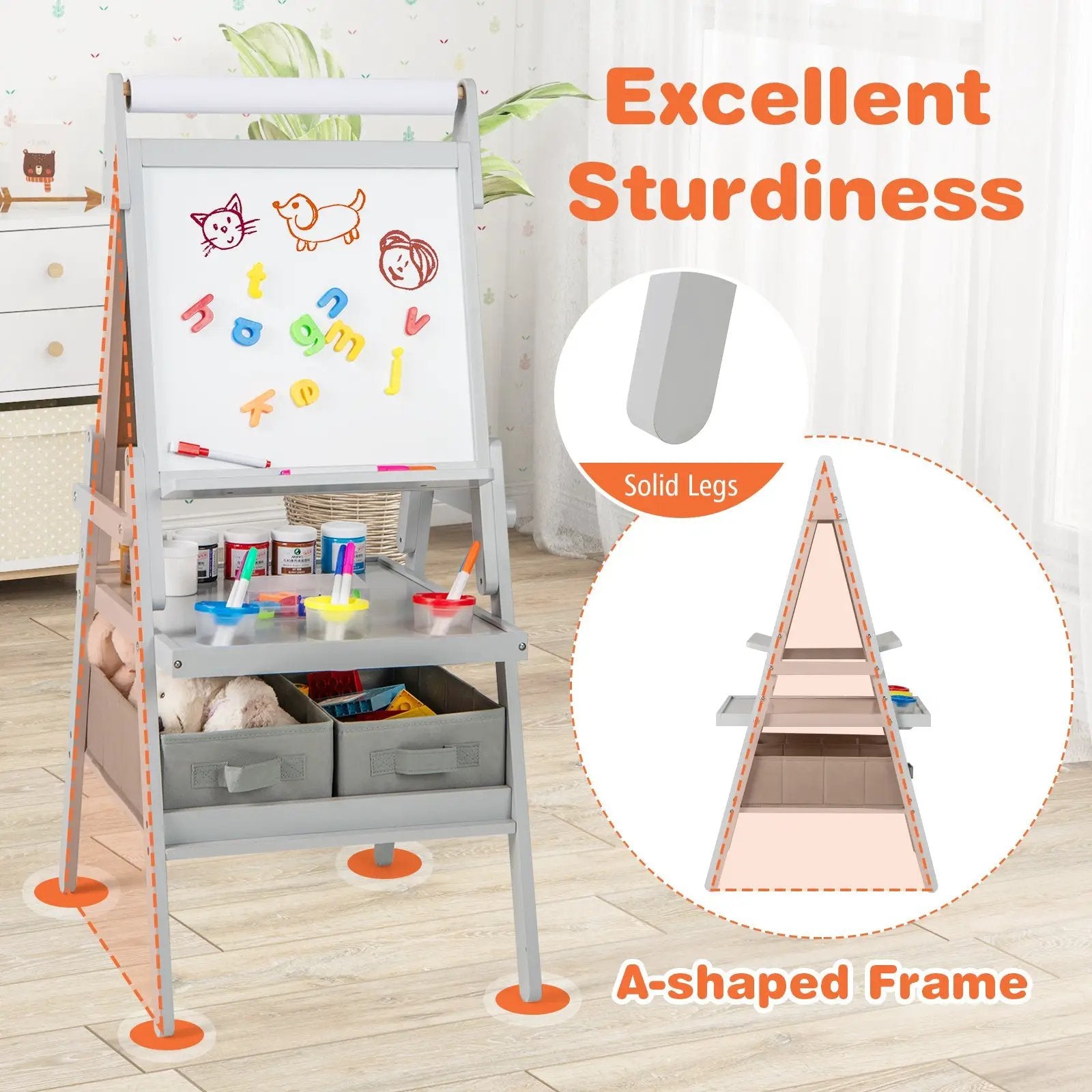 3-in-1 Art Easel for Kids with Magnetic Chalkboard and Whiteboard-Gray by DirectDeals