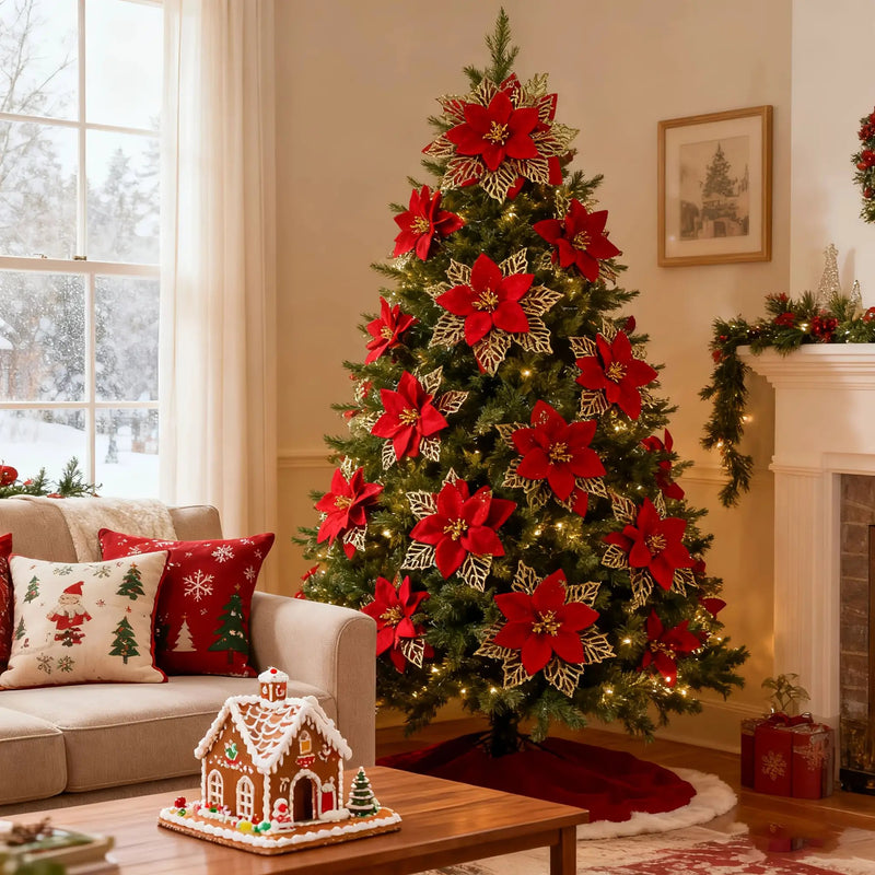 Artificial Christmas Flowers, 14cm Red with Golden Edges and Clips by House Of Avana